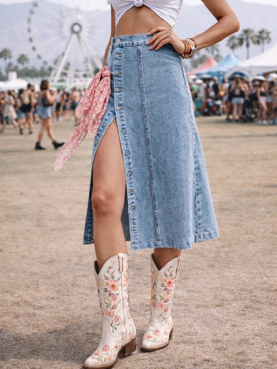 Dresses & Skirts - 🎈HP🥳🎉 Light Wash Denim Button Front Midi Skirt High Slit Stretch Size Large